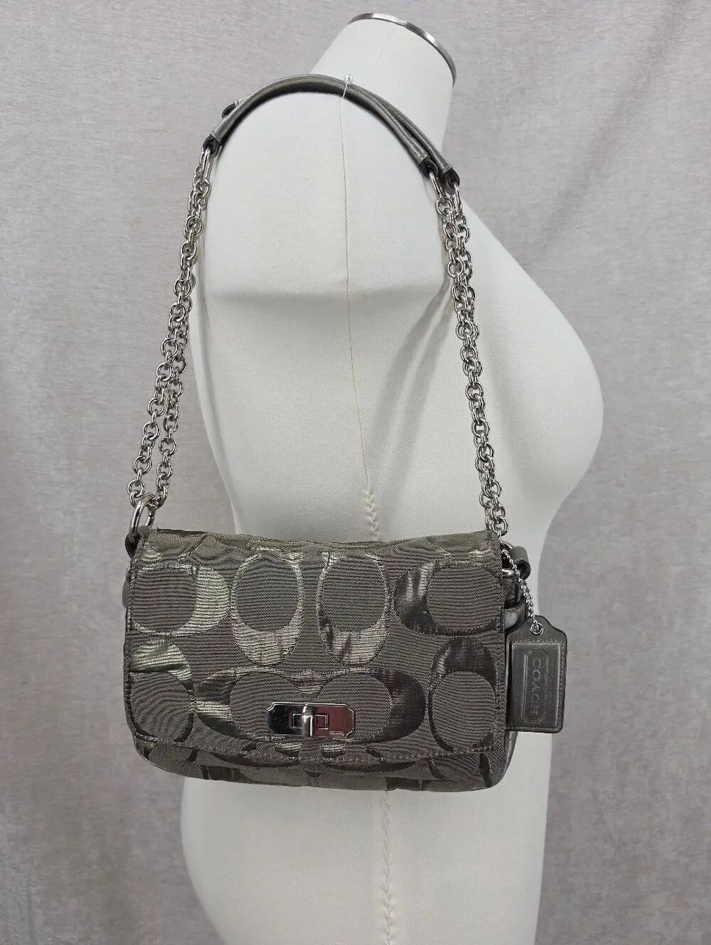 Coach Signature Canvas Jacquard Shoulder Bag in Metallic Pewter Chain Straps